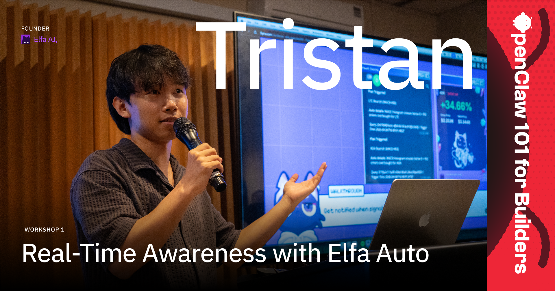 Tristan on stage at OpenClaw 101 — Elfa AI